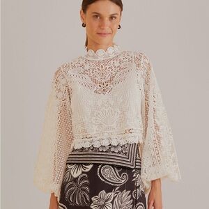 FARM Rio Off-White Guipure Long Sleeve Blouse size large